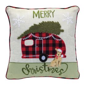 Embroidered Camper Christmas with Dog Throw Pillow 15"SQ