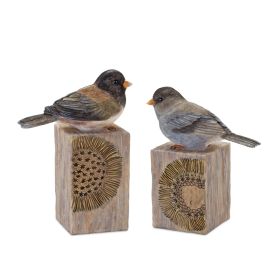 Stone Bird Figurine with Floral Etched Block (Set of 2)