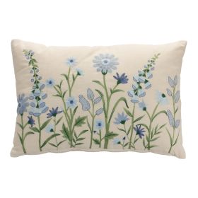 Blue Flower Embroidered Throw Pillow 19.5"L